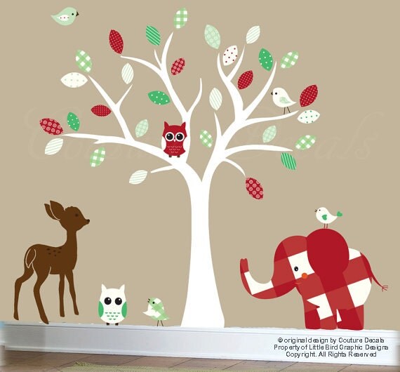 Childrens wall decal white tree wall decal white red