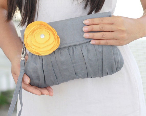 Grey and Yellow Clutch  - Grey Linen clutch with yellow satin flower for Wedding Clutch - Bridesmaid Clutch