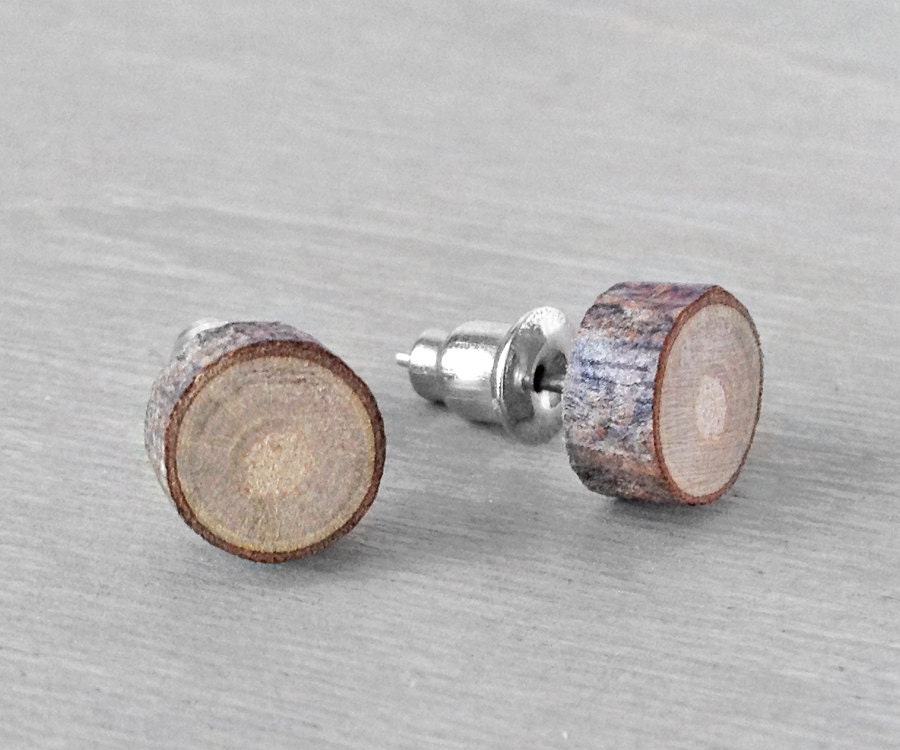 Wood Stud Earrings Small Natural Wooden Earrings by OneUrbanTribe