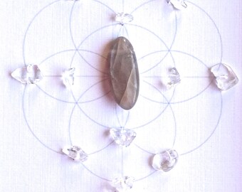 MOONSTONE-- CRYSTAL GRID--- framed crystal grid with sacred geometry