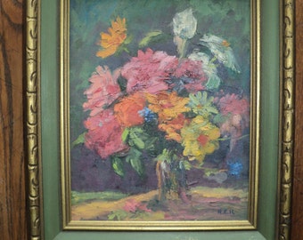 Original Floral Still Life Oil Painting on Canvas Board, A Well Done Composition in Warm Colors with great texture