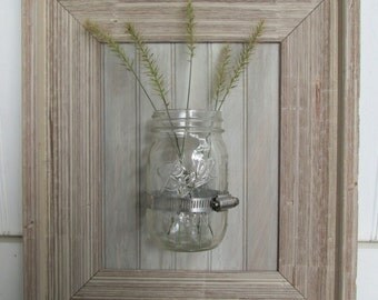 Mason jar wall vase in a vintage, handwashed and distressed frame