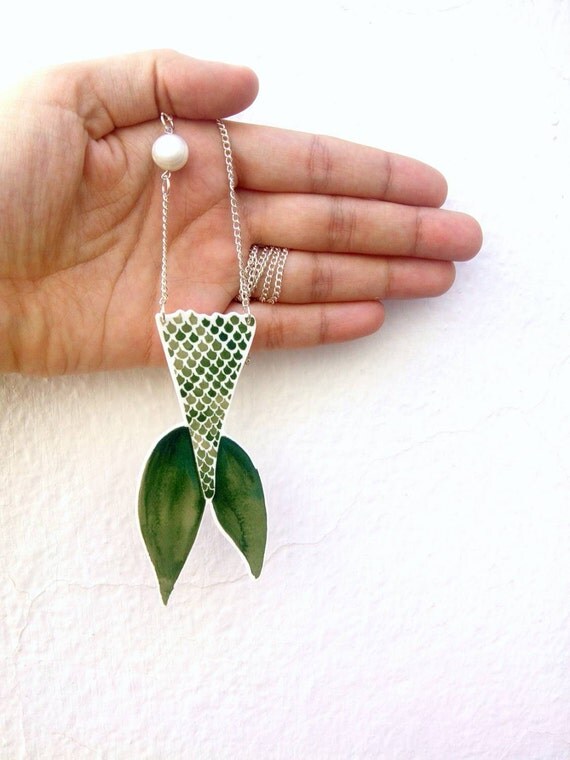 Mermaid tail shrinkplastic necklace. Natural pearl detail