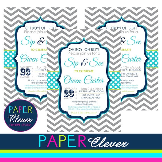 Sip and See Shower Invitations, baby shower, boy - digital file, printable #31 Il_570xn