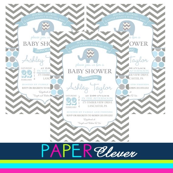 Boys Baby Shower Invitations, elephant, baby blue, typography - digital file, printable #1581 Il_570xn