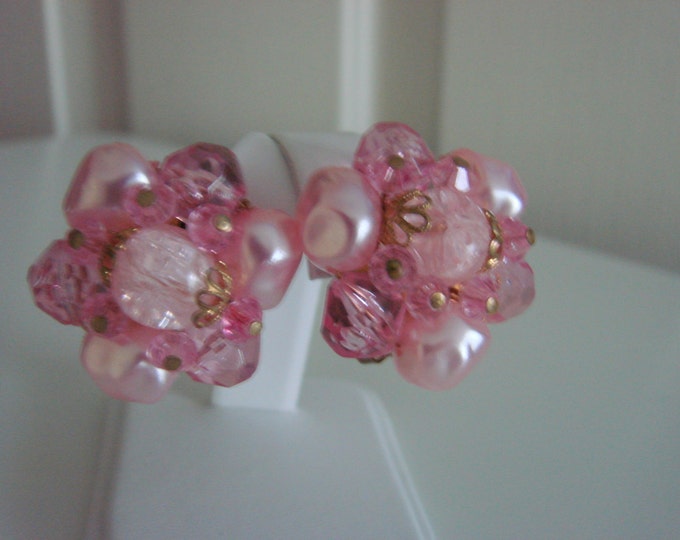 W. Germany Pink Cluster Bead Clip Earrings / West Western Germany / Vintage Jewelry / Jewellery