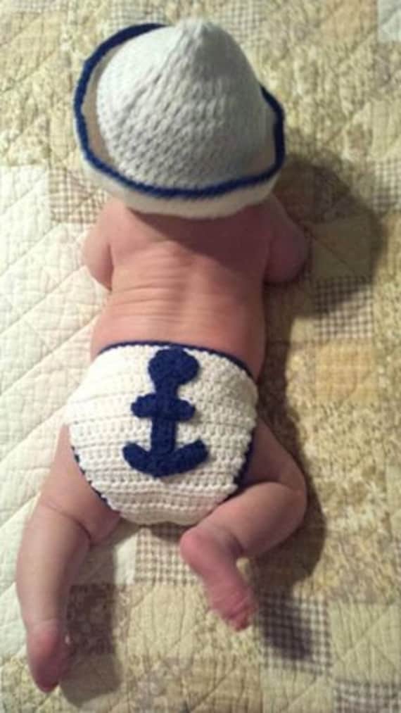 Crochet NAVY ANCHOR Hat and Diaper Cover Set-Sizes Newborn to 24 Months- Custom