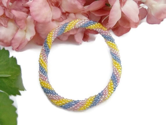 Crochet Bead Bangle Bracelet Pink Yellow Blue Spiral Rope