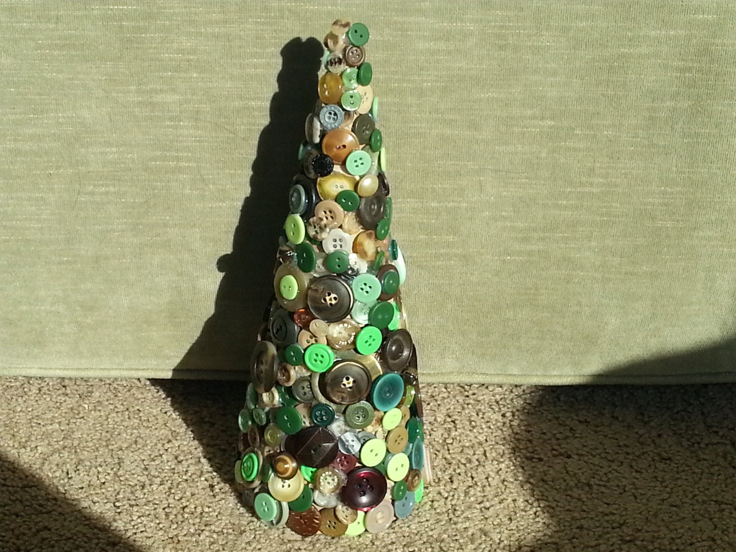 Handmade decorative multi colored brown tan and green new and vintage button Christmas tree