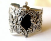 Large Silver Cuff Black Onyx Silver Cuff  Bracelet Art Nouveau Victorian Gothic Jewelry
