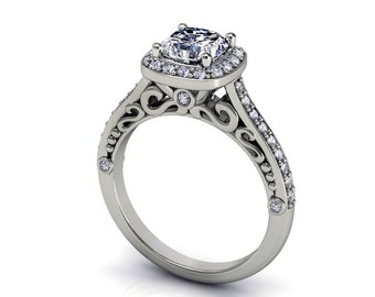 cushion cut forever brilliant moissanite and diamonds engagement ring in white gold,style 134WDM