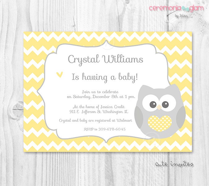 OWL BABY SHOWER invitation yellow and grey chevron printable