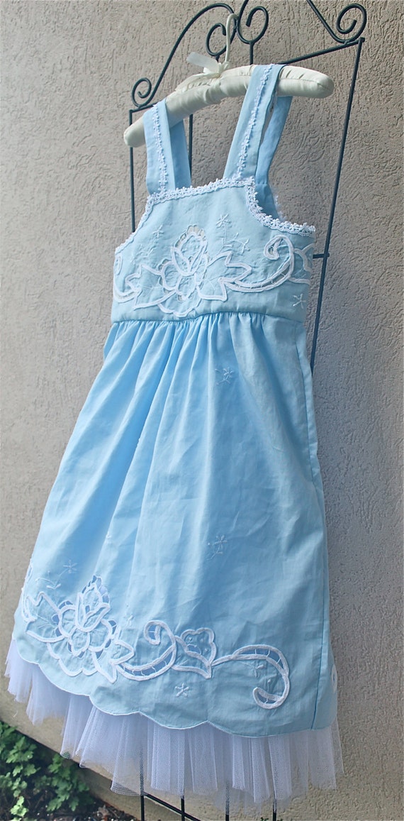 Vintage Style Wedgewood  Girls Dress  Blue  With White Lace