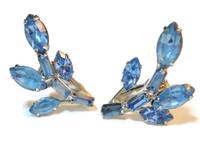 Blue rhinestone earrings, wedding climber earrings, something blue clip mid century modern, silver plated