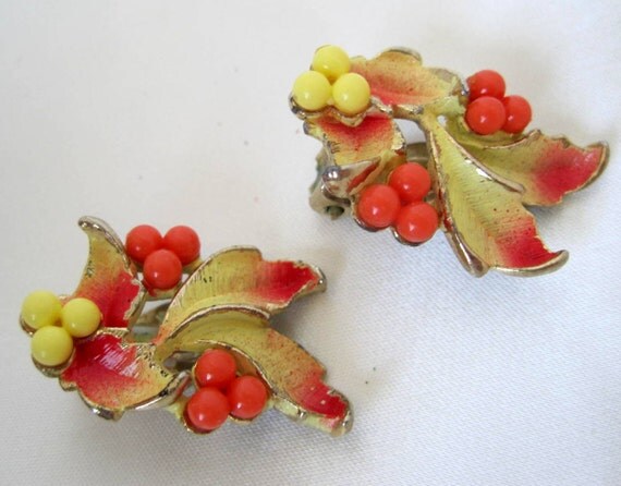 Orange Yellow Earrings - Enamel Bead Flowers - Clip Ons