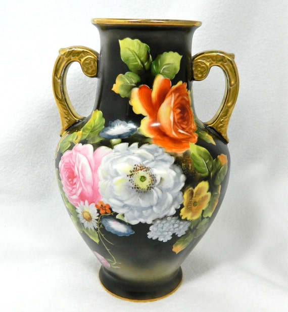 Dramatic Noritake hand painted vase black with by MabelsParlor