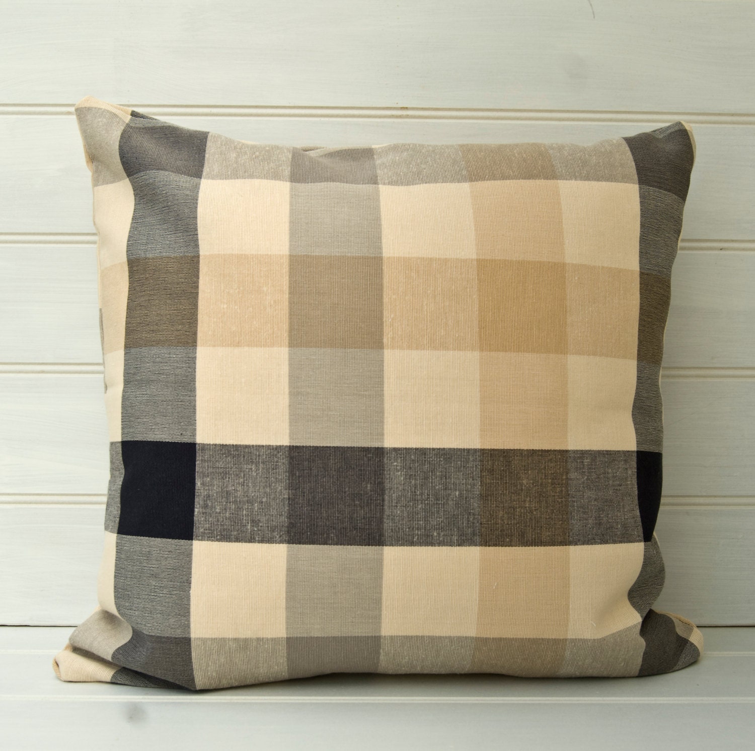 Cushion Cover Beige Grey Black Plaid Check size by GreenCallow