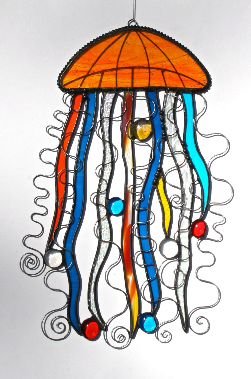 Stained Glass JELLYFISH Suncatcher Original Design Orange