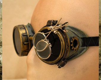 Steampunk Goggles Green and Gold with Magnifying Loupes - Dieselpunk ...