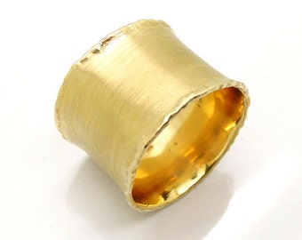 Gold Ring Wide Wedding Band Concaved Textured
