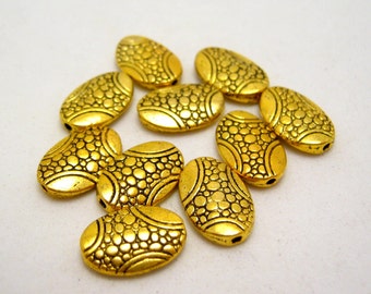 gold tone etched oval beads 14mm x 9mm - 10 beads