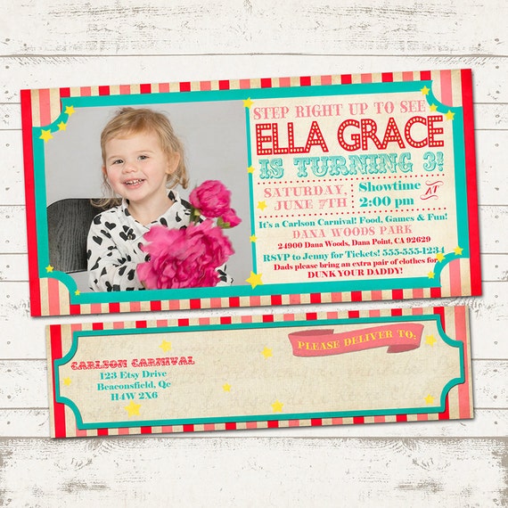 Carnival Birthday Photo Invitation with Wrap Around Address Labels - Vintage Inspired / Retro Circus - Custom, Digital, Printable designs Il_570xn