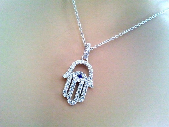 Hamsa Hand Necklace, Cubics, charm, pendant necklace, CZ stones ...