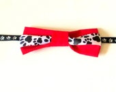 Pet Bow Tie Made to Order for Small Dogs - Red with Black & White Paw Print Ribbon and Neck Strap Bichon