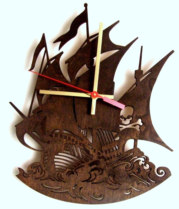 Pirate ship. Wooden wall clock.
