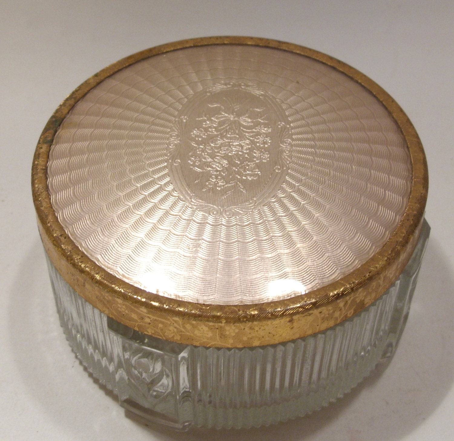 Glass Powder Jar with Gold Tone Embossed Lid Haute Juice