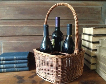 French Wicker Wine Bottle Basket , Picnic Basket, Carrier Case