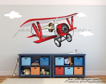 Large Airplane Wall Decal. Removable Fabric Wall Decal,Transportation and Aviation Theme,Biplane