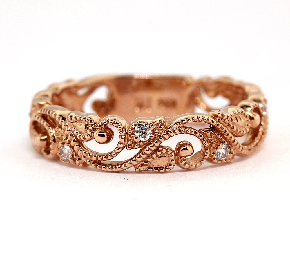 Rose Gold Diamond Vintage Vine Band Ring 14 Kt by MiskaJewelers