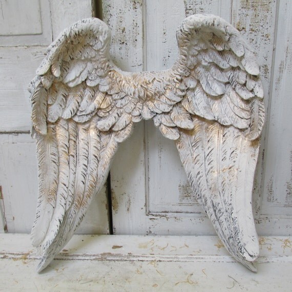 Large angel wings wall sculpture hand painted white accented