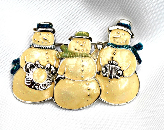 Christmas Snowman Brooch - white Enamel -Holiday Pin