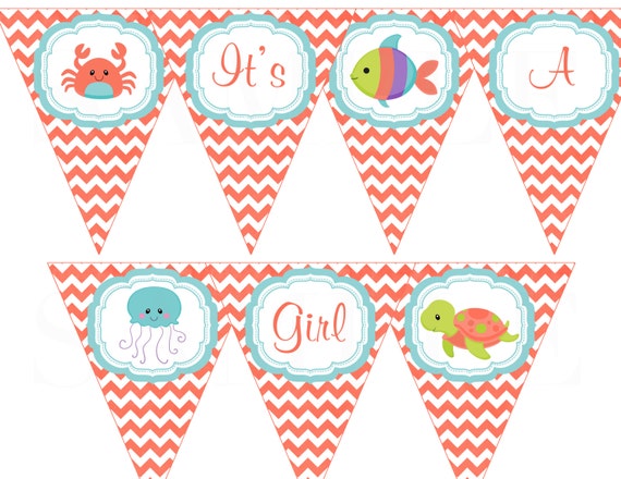 Under the Sea Pink or coral Chevron Banner- Printable DIY File Il_570xn