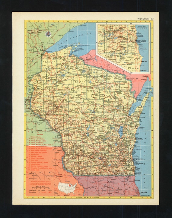 Vintage Map Wisconsin From 1953 Original
