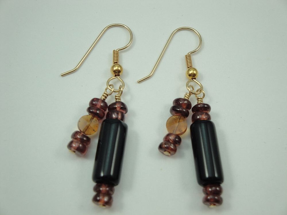 Natural Obsidian Hessonite and Garnet Double Drop Earrings