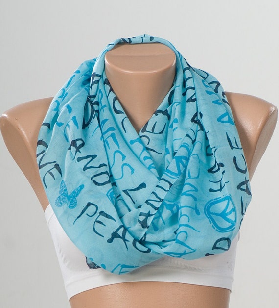 Items similar to BLUE SCARF. Infinity scarf. Peace and love and ...