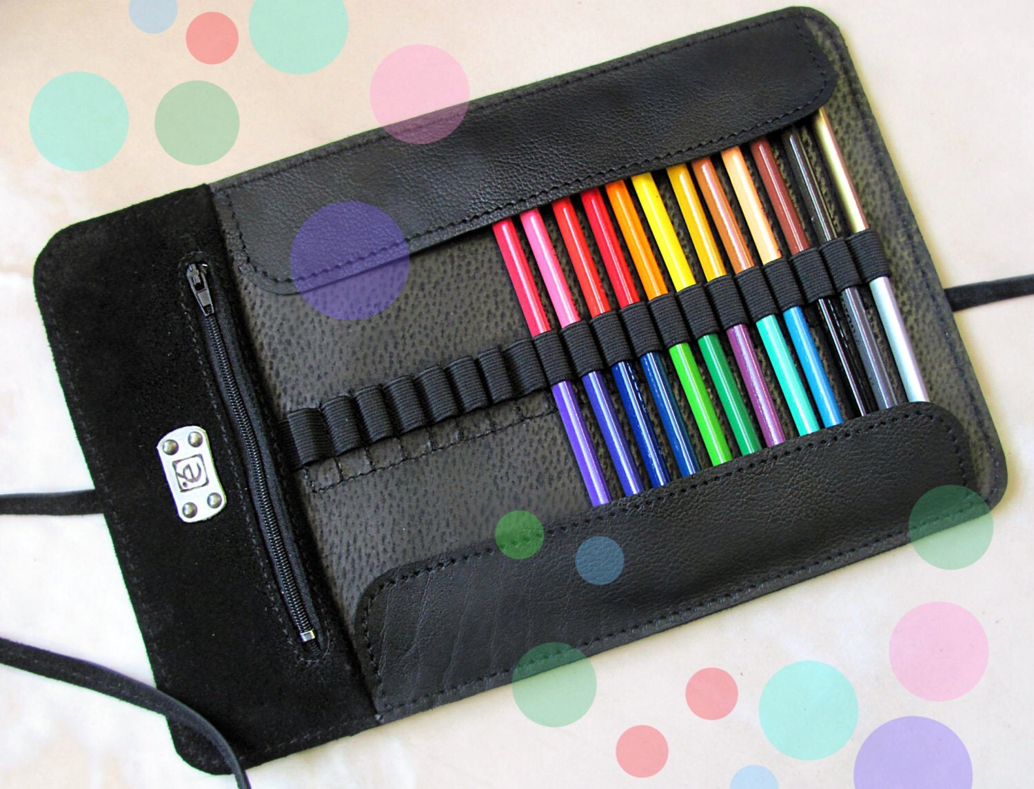 Leather pencil case Roll up pencil holder Black pencil