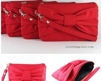 SUPER SALE - Set of 8 Clutch Bridesmaids, Clutch Bridal, Clutch Wedding / Red Bow Clutches - Made To Order