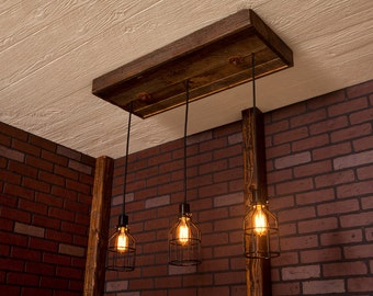 Industrial lighting, Industrial Chandelier, Black With Reclaimed Wood and 3 Pendants. R-1434-BC-3