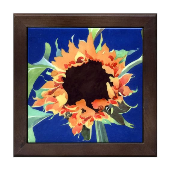 Sunflower in blue, yellow, gold, brown, green - ceramic tile trivet by Kathy Johnson