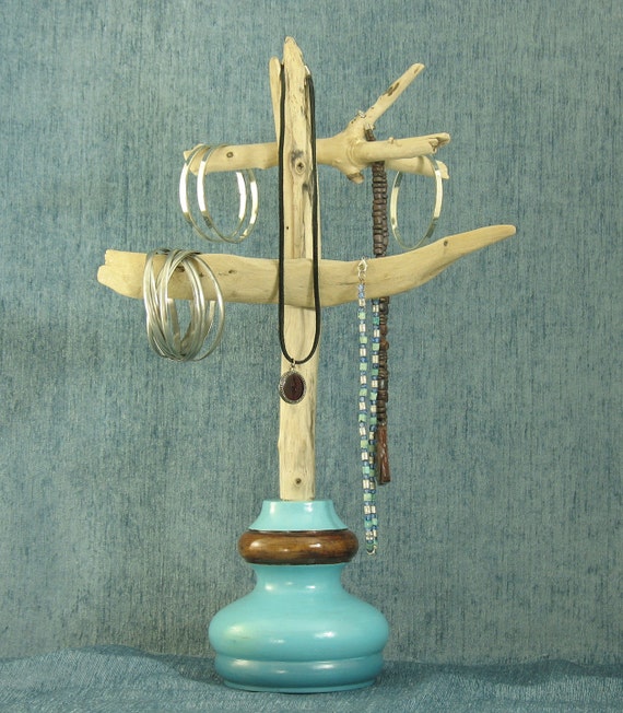 Driftwood jewelry tree stand with turquoise turned wood base. Rustic & Refined tree branch Necklace, Bracelet, and Ring Holder.