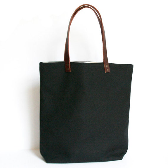 Black Waxed Canvas Tote Bag with Leather Straps by jennengStudio