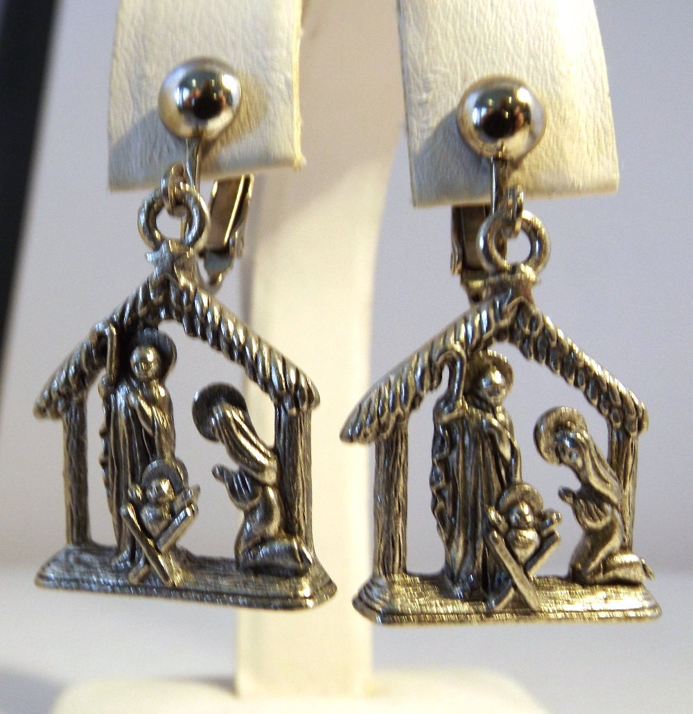 Pewter Nativity Charm Earrings on White Metal Clip On Ear
