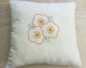 Embroidered Pillow with Poppies, up-cycled quilt back