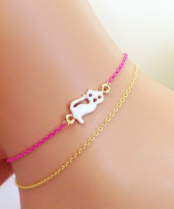 Kids AnkletCat Ankle Bracelet White KittyGold by NalansJewellery