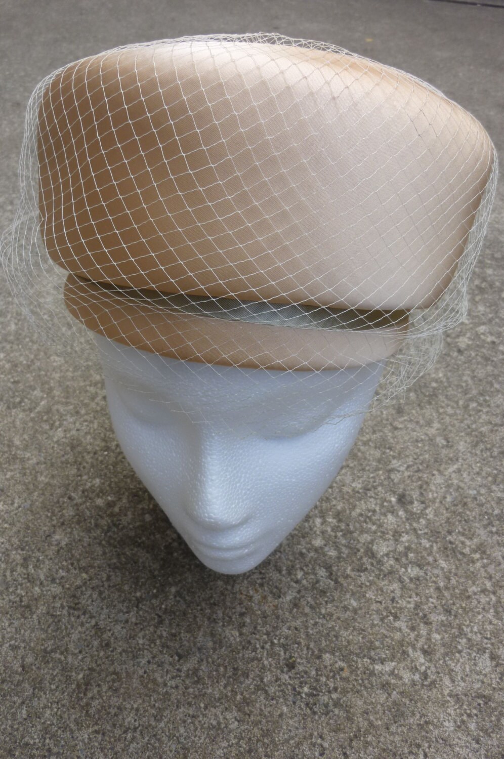 Vintage Pillbox Hat With Veil Champagne Satin Jackie O Style