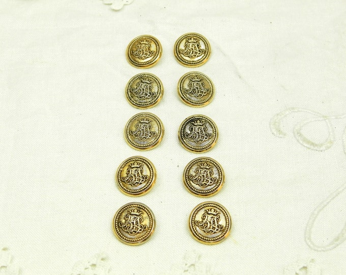 10 Vintage Gold Colored Unused Monogram Buttons / French Vintage Sewing / Haberdashery / Craft Supplies / Clothing / Dressmaking / Chic